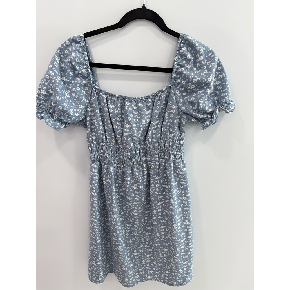 Iris Blue White Floral Babydoll Dress Medium Cottagecore Milkmaid Puff Sleeve - Picture 2 of 11